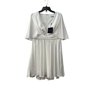 New MAC DUGGAL Size 10 SATIN FLOWY CAPE SLEEVE MINI DRESS Bridal Shower *Stains*